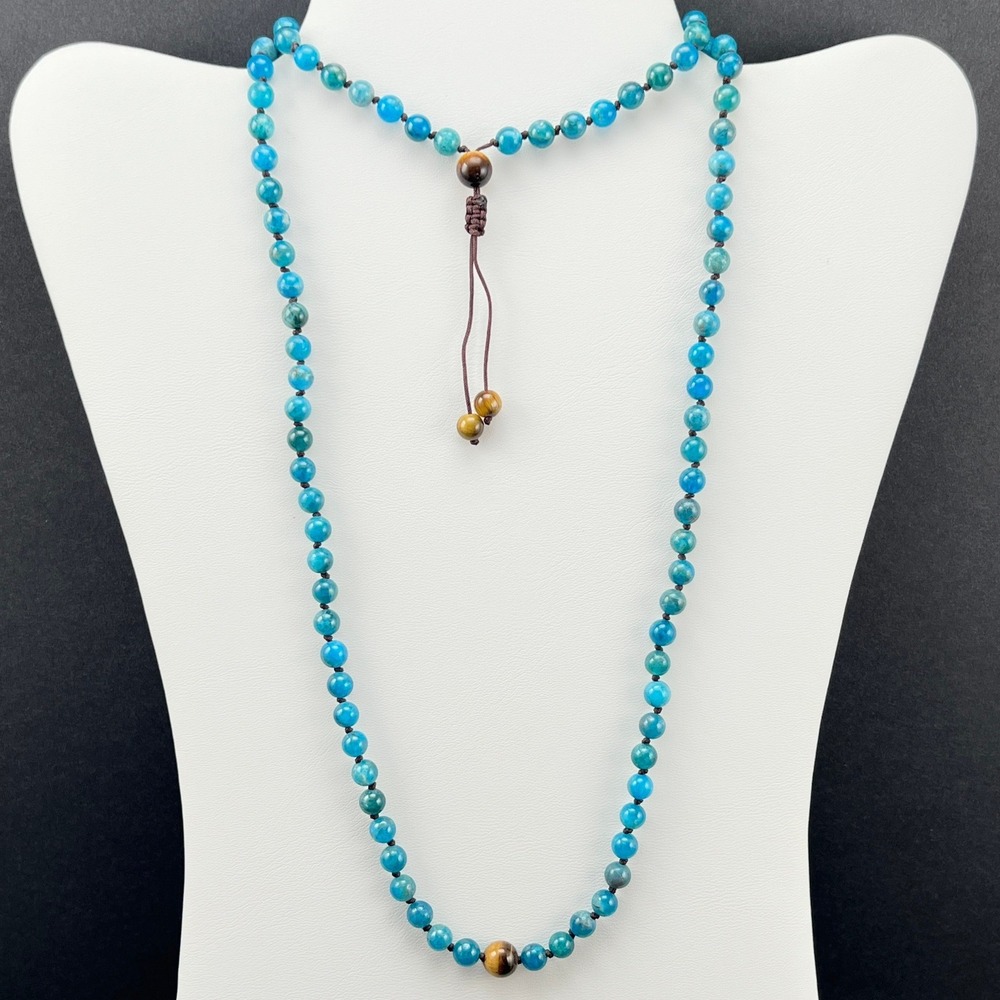 Boho Beaded Necklace Blue Gemstone Tigers Eye Hand Knotted Prayer Beads 31"